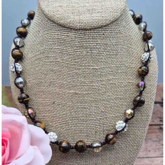 NWOT Tiger's Eye Shamballa & Faceted Crystal Boho Cord Necklace One Size Unisex - Picture 2 of 10